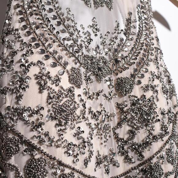 Aidan Mattox Beaded Mesh Godet Gown 8 NEW Blush Champagne Mock Neck Open Back - Picture 7 of 15